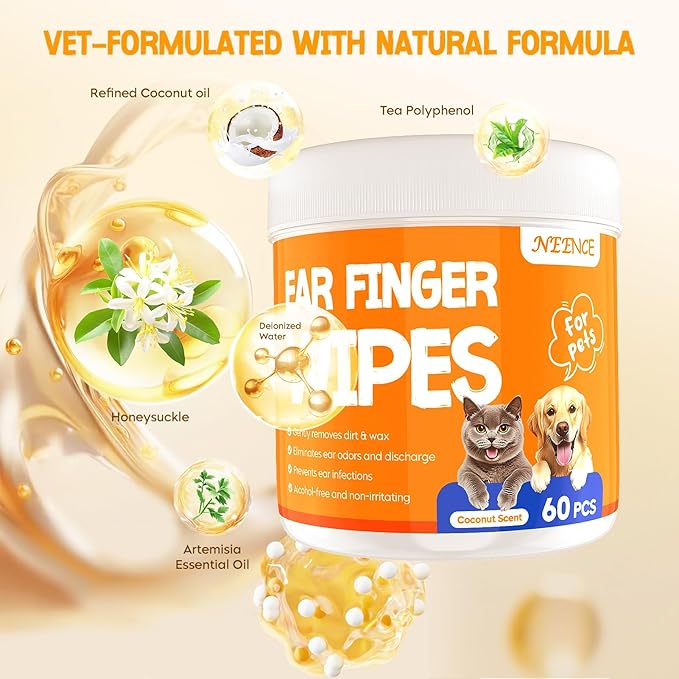 NEENCE Ear Finger Wipes for Dogs & Cats,Dog Ear Cleaner Finger Wipes, Soothing Cleansing Deodorizing Ear Care Wipes for Cat and Dog, Effectively Remove Ear Wax for Dogs & Cats(60Pcs, Coconut)