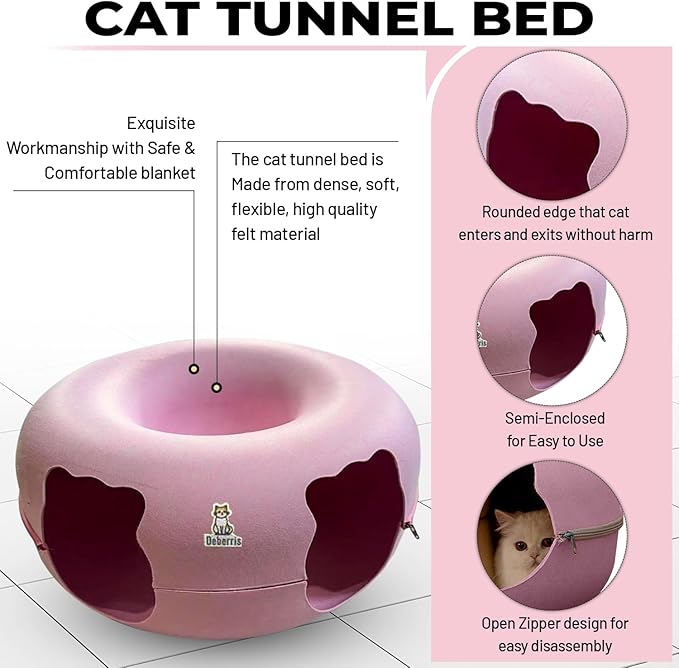 Peekaboo Cat Tunnel Bed-Large, Scratch-Resistant Donut Cave for Indoor Cats Up to 30-45 lbs, Detachable & Washable Design, Perfect Cozy Play & Rest Spot for Cats and Small Dogs (Pink, Large)