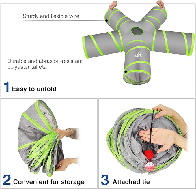 Pawaboo Cat Toys, Cat Tunnel Tube 5 Way Tunnels 25x53cm Extensible Collapsible Cat Play Tent Interactive Toy Maze Cat House with Balls and Bells for Cat Kitten Kitty Rabbit Small Animal, Grey+Green