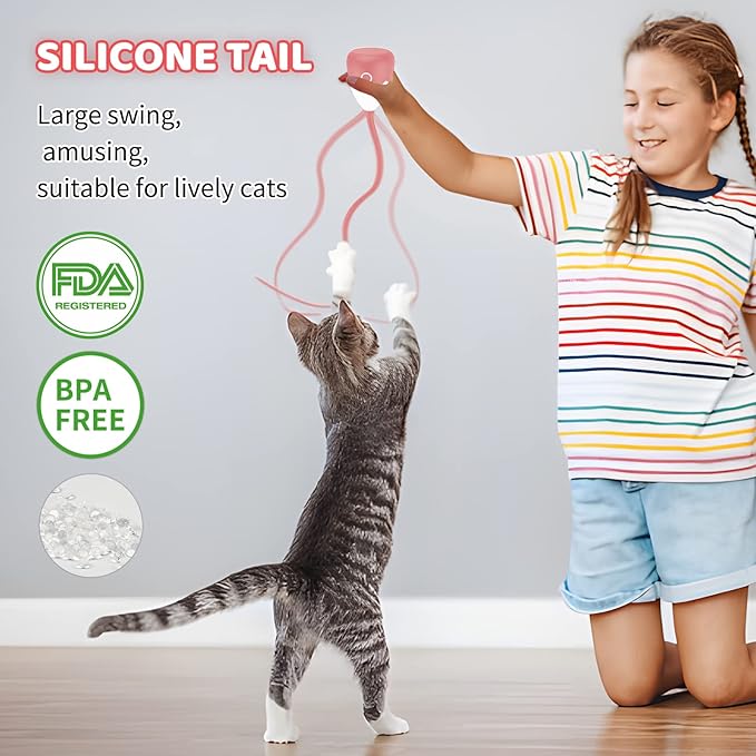 Cat Toys Rechargeable Cat Wand Toy with Teaser Plush/Silicone Tail, Electronic Cat Toys Interactive for Indoor Cats/Kittens, Automatic Exercise Cat Toy - Pink