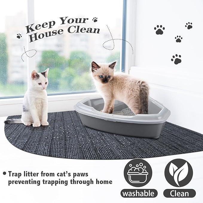 2 Pcs Corner Cat Litter Mat 29 Inch Litter Mat for Corner Machine Washable Litter Mat Ridged Design Fan Shaped Cat Litter Mat Absorbent Cat Litter Rug for Box Less Waste Space (Gray)