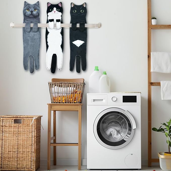 PAT JUUMG Funny Hand Towels for Bathroom Kitchen Decor, Cute Decorative Hanging Face Towels, Super Absorbent Soft, Housewarming Gift, Cat Lovers Gifts for Women (Blue Cat)