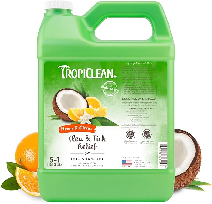 TropiClean Citrus Flea & Tick Shampoo for Dogs, Soothing Bite Relief, Citrus & Neem Scent, Made in the USA, 1 gallon