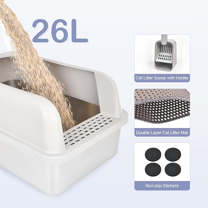 2 Pack Stainless Steel Cat Litter Box with Lid, 20" L x 14.2" W x 11.8" H, Extra Large Litter Box for Big Cats with High Sided, Anti-Urine Leakage, Easy Cleaning, Include Cat Mat and Scoop
