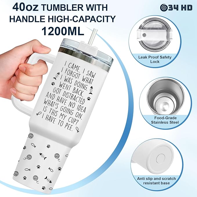 34HD Funny Black Cat Tumbler with Handle and Straw, 40oz Double Wall Vacuum Insulated Pet Mug, I Came I Saw Forgot Cup, Cat Gifts for Women Men Birthday Mothers Day Halloween Christmas