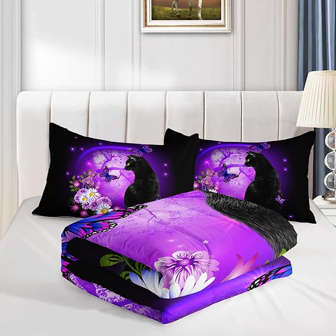 Black Cat Bedding Cartoon Cat Comforter Set Queen,Daisy Butterflies Printed Kids Bedding Set for Kids Boys Girls Adults Room Decor,Kids Comforter Set All Season,1 Quilt 2 Pillow Cases