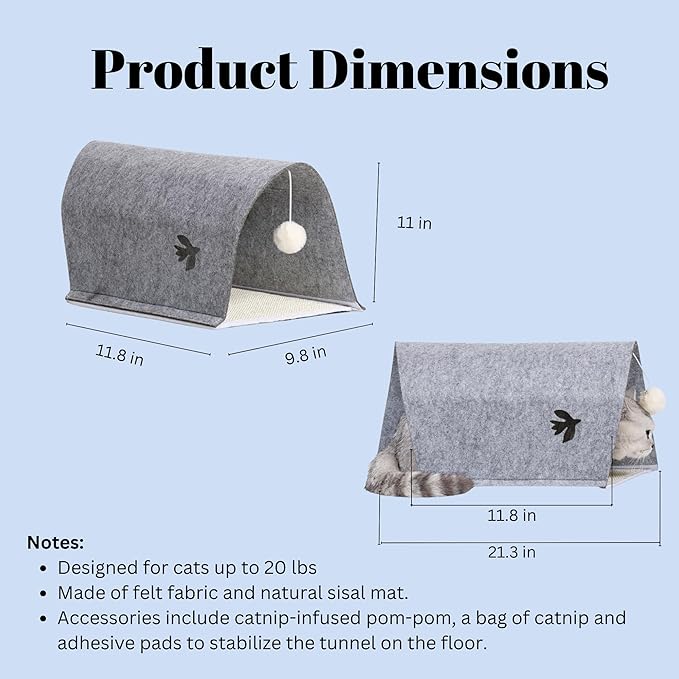 1pk 4-in-1 Modular Cat Tunnel/Scratcher/Cat Cave Lounger Bed/Cat Toy for Indoor Cats Up to 15 lbs- 21.7’’x 9’’x 7.9’’with Sisal Scratching Mat, Felt Tunnel, Catnip-Infused Toy Ball with Bell