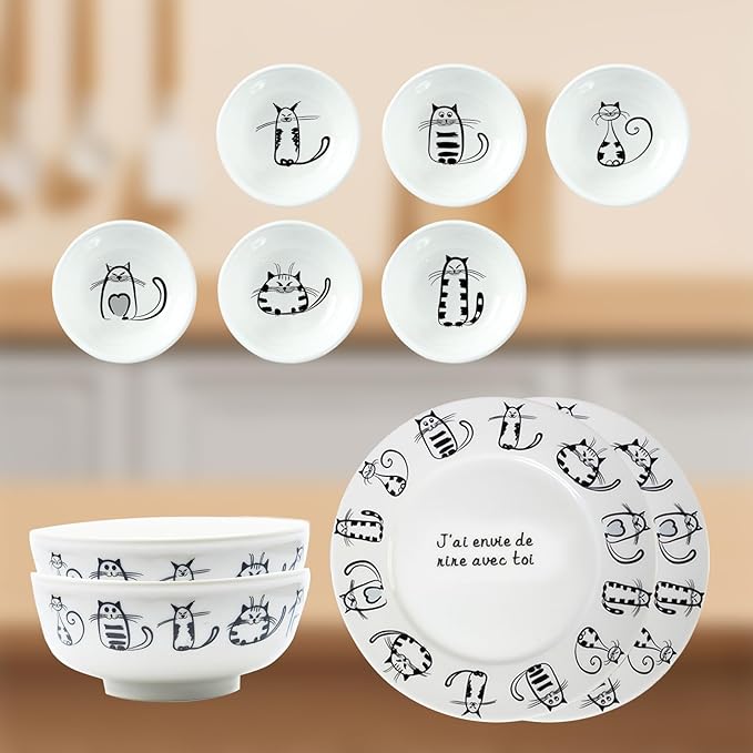 BigNoseDeer Super Cute Cat Ceramic Sauce Dish,Mini Side Seasoning Dish,Condiment Dishes,Sushi Soy Dipping Bowl,Snack Serving Dishes,Meow Porcelain Small Saucer Set(Set of 6)