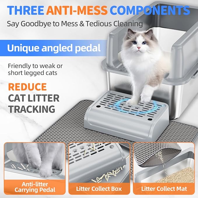 9-in-1 Stainless Steel Litter Box Set - [Odorless] Extra Large Metal Litter Box High Sided Cat Litter Box with Lid, XL Litter Box for Cats, Kitty, Non-Sticky, Anti-Leakage, Easy Clean(Gray)