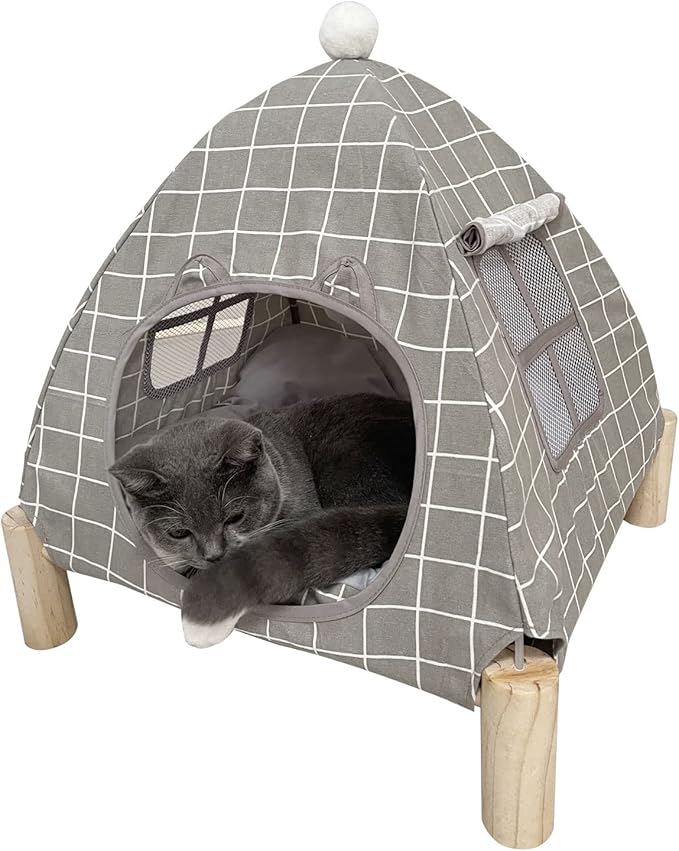 Pozico 2 in 1 Cat Bed Tent Wooden Frame Cat Teepee Cat Hammock, Quick Assembly and Disassembly, Portable Indoor/Outdoor Pet Dog Tent House for Cats Puppies Small Animals:Grey Grid Tent