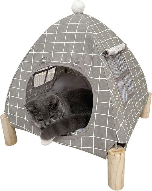 Pozico 2 in 1 Cat Bed Tent Wooden Frame Cat Teepee Cat Hammock, Quick Assembly and Disassembly, Portable Indoor/Outdoor Pet Dog Tent House for Cats Puppies Small Animals:Grey Grid Tent