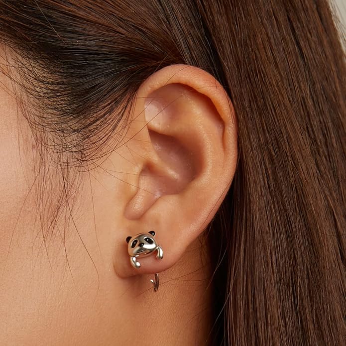 BISAER 925 Sterling Silver Half Huggie Hoop Earrings Cute Cat Dog Panda Animal Earrings for Women Jewelry Gifts