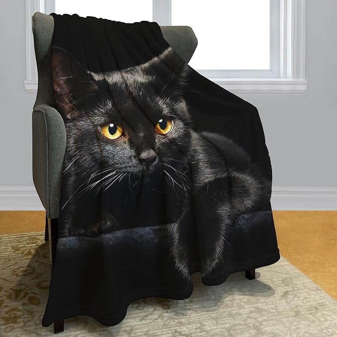 Black Cat Throw Blanket Modern Black Decorative Big Eyes Black Cat Fleece Blanket Soft Warm Cozy for Kids Adult Gifts 60"x80"
