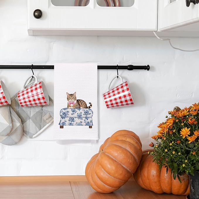 SPBL&L Cat Kitchen Towels, Cat Dish Towels Tea Towels for Kitchen, Cat Gifts for Cat Lovers Women, Cat Mom Gifts, Blue and White Chinoiserie Decor Hand Towels for Bathroom, 16x24 Inches