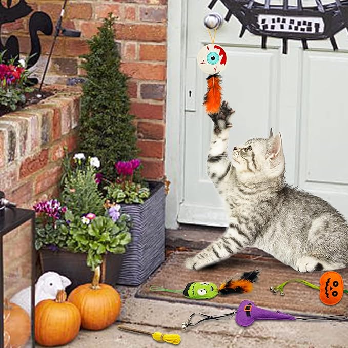 Halloween Cat Toys for Indoor Cats, 4Pcs Catnip Toys with 1 Natural Silvervine Stick, Halloween Interactive Cat Toys with Feather and Bells for Indoor Cats & Kitten & Kitty