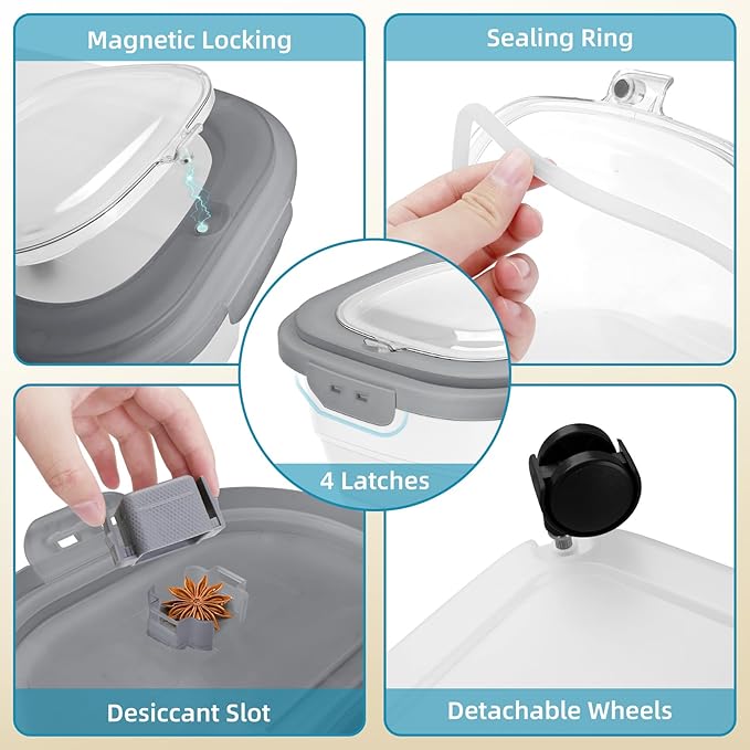 Pet Food Container, Collapsible Dog Food Storage Container with Detachable Casters & Airtight Lid for Keeping Dry Kibbles, With Dog Food Scoop and Measuaring Cups