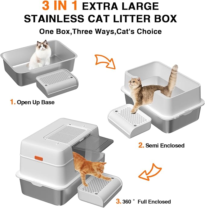 3-in-1 Stainless Steel Cat Litter Box with Removable Lid-Enclosed XL Extra Large High-Sided Metal Box for Small & Big Cats with Scoop-Easy to Clean, Odor Control, Non-Sticky,Anti-Leakage (White)