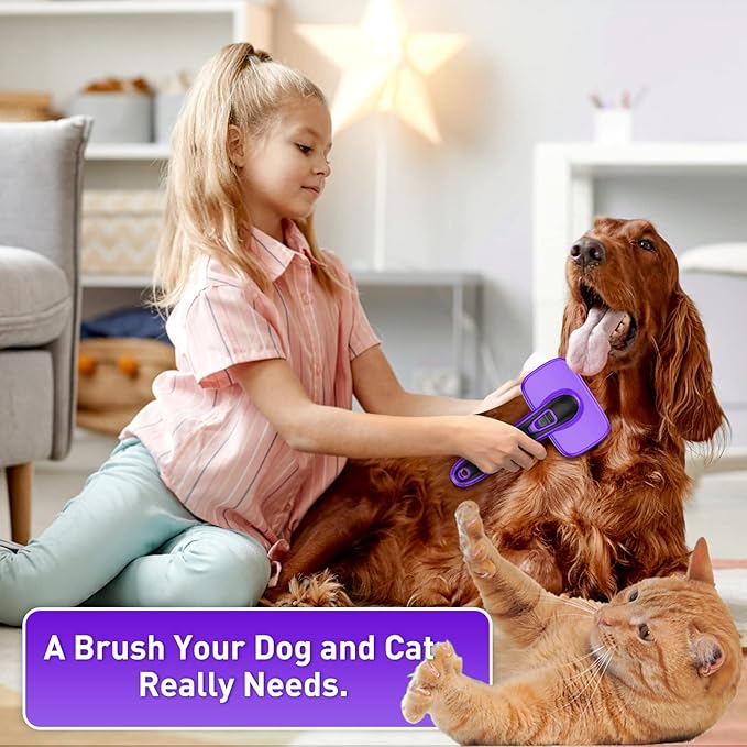 Dog Brush for Shedding, Self-Cleaning Slicker Brush, Perfect for Short & Long Haired Pets, Removes Mats, Tangles, Loose Fur, Gentle on Skin, Ideal for Small, Medium, Large Dogs. Purple