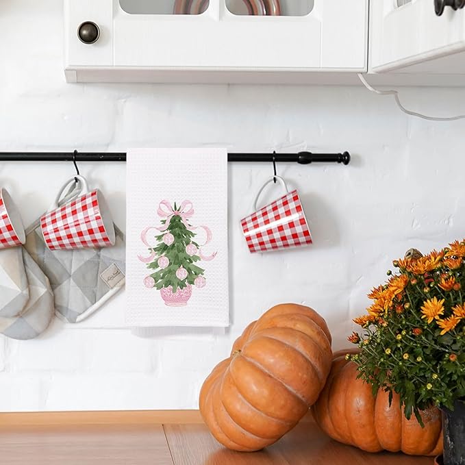 SPBL&L Chinoiserie Christmas Kitchen Towels, Pink Bow Tree Decorative Hand Towels for Bathroom, 16x24 Inch