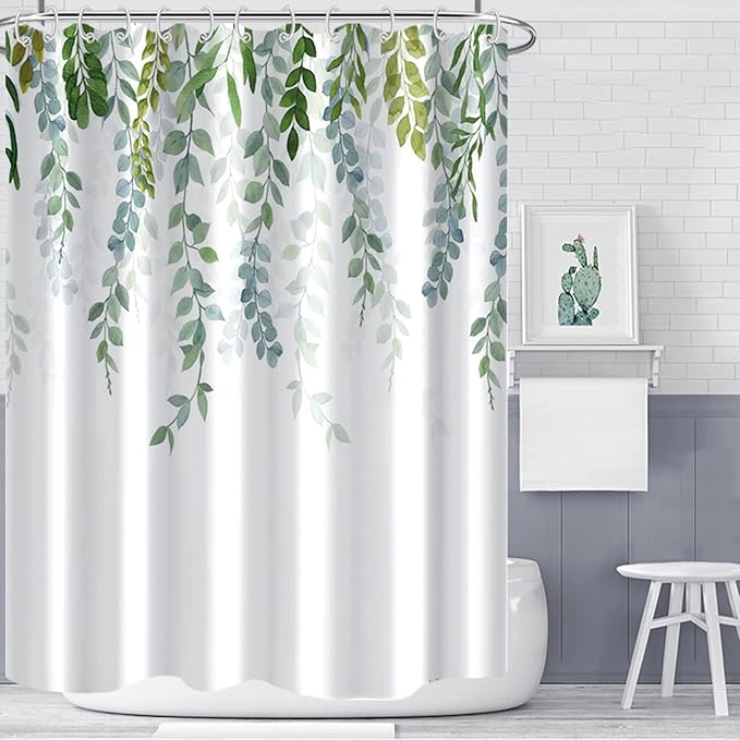 AWERT Plant Shower Curtain for Bathroom Sage Green Eucalyptus Waterproof Quick-Drying Green Leaves Shower Curtain Set with Hooks 72x84 Inch