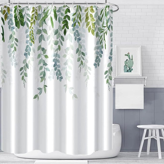 AWERT Plant Shower Curtain for Bathroom Sage Green Eucalyptus Waterproof Quick-Drying Green Leaves Shower Curtain Set with Hooks 72x78 Inch