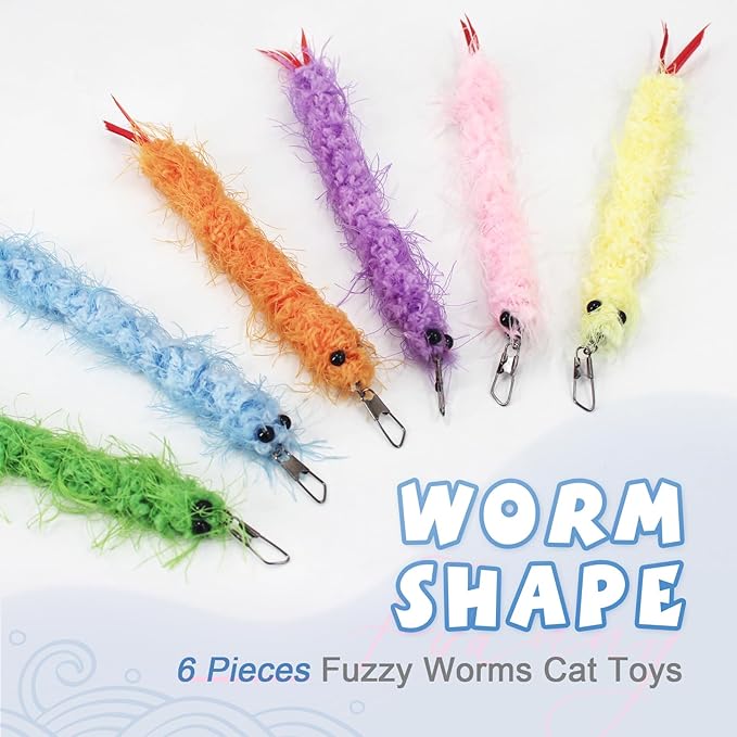 SONGWAY Worm Cat Wand Toys - 6 PCS Cat Worm Toys with Retractable Cat Wand, Cat Feather Tail Toys, Cat Fishing Pole Toy, Interactive Cat Toys for Indoor Cats Kittens