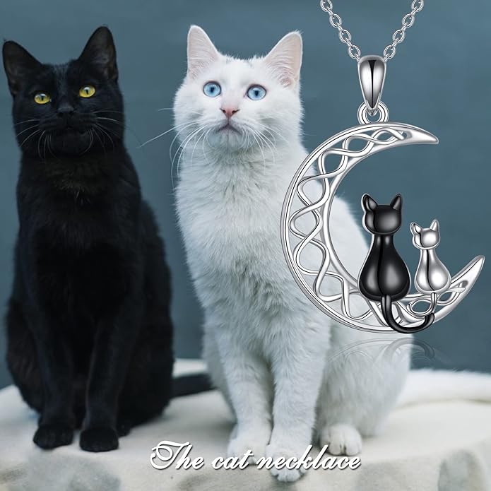 Black Cat Necklace for Women Sterling Silver Celtic Moon Cat Jewelry Gifts
