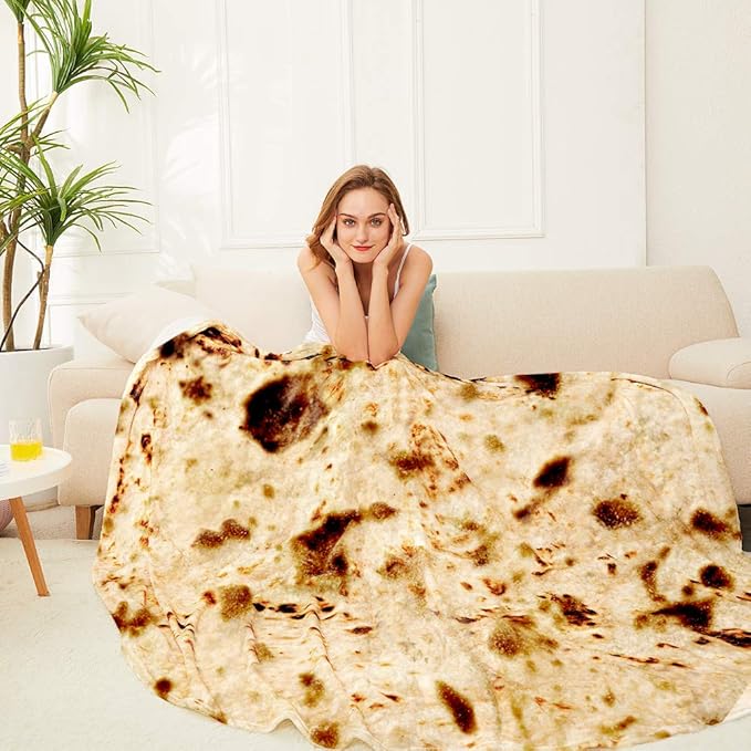 Burrito Tortilla Throw Blanket, 2.0 Double Sided Burritos Taco Tortilla Wrap Blankets for Adults Kids, Giant Funny Realistic Food Blankets, Soft Flannel Round Throw Blanket 80in