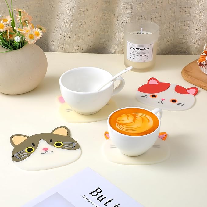 4Pcs Funny Cat Coasters for Drinks, Cute Cat Cup Holder, Silicone Small Coasters for Coffee Table Dinning Room Desk Decorations Non Slip Hot Pads for Beverage Drink Tea Home Gift Idea