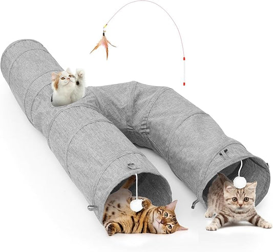 Cat Tunnel, Collapsible h-Shape Cat Tunnel Sturdy Oxford Fabric for Indoor Cats,Interactive Hanging Ball Pet Tunnel Tube with Cat Teaser Stick (Grey)