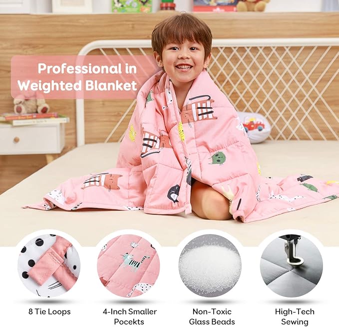 Sivio Weighted Blanket - 100% Cotton Weighted Blanket 3 lbs 36 x 48 inches, Washable Breathable Soft Heavy Blanket for Calm Sleeping for Home and School Nap, Pink Cat