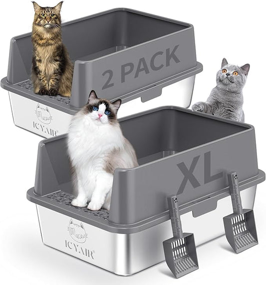 2PACK Stainless Steel Cat Litter Box with High Sides Lid, Extra Large XL Litter Box for Big Cats,Open Top Metal Kitty Litter Box with Anti-Leakage Enclosure,Non-Stick,Odorless,Scoop Included