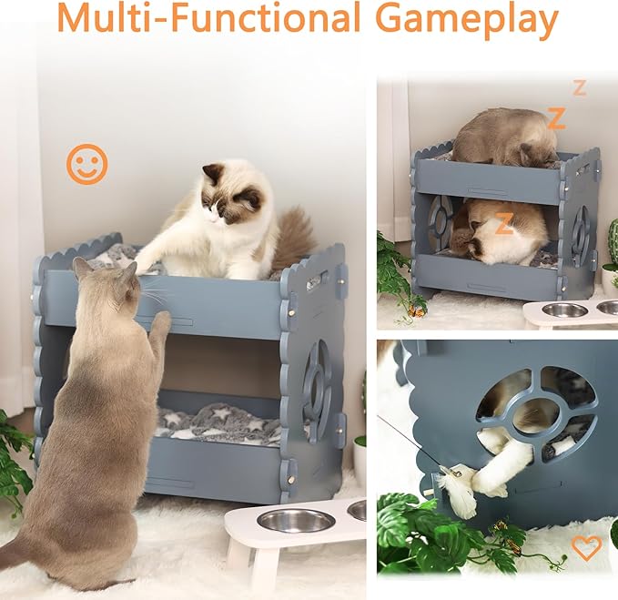 Wooden Cat Bed,Elevated Cat Bed Furniture,Cat Bunk Beds for 2 Indoor Cats,Modern Cat Condo with Matress,Protect Cat's Hip Joint for All Seasons,Easy to Assemble(19.7“x15 x19.2,Grey)