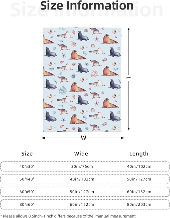 Sea Lion Blanket Throw 50"x40", Plush Flannel Sea Animals Blanket, Soft Warm Decorative for Kids Women