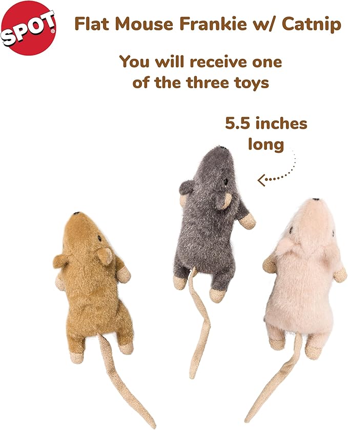 SPOT Flat Mouse Frankie with Catnip - Cat Toy, Fuzzy Mice with Catnip and Crinkle Sound, Perfect Size for Pouncing on, Chasing, Hunting - 5.5in Plush Toys, Assorted Colors