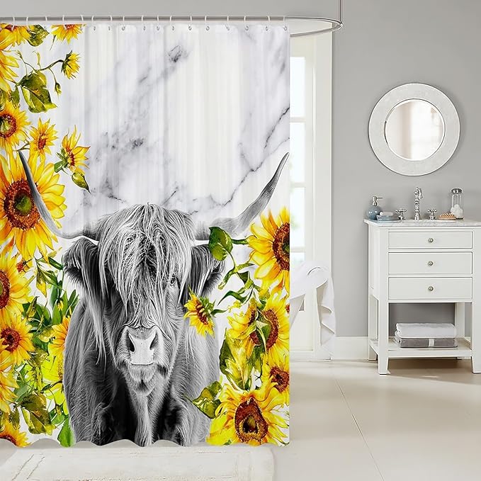 Highland Cattle Shower Curtain Girls Sunflower Highland Cow Marble Print Bathroom Shower Curtain Set Farm Animal Bath Curtain for Bathroom Sunflower Floral Bathroom Accessories Decorative 72"x84"