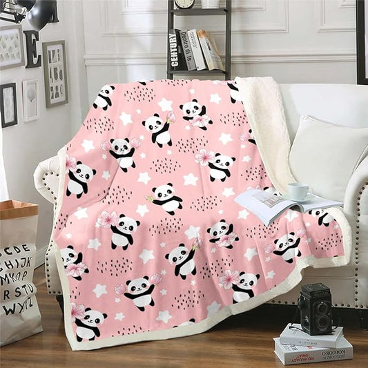Erosebridal Kawaii Panda Sherpa Blanket for Girls, Pink Cherry Blossom Stars Throw for Bed Chair Twin Size, Cute Dots Fleece, Lovely Bear Animal Plush Microfiber Breathable