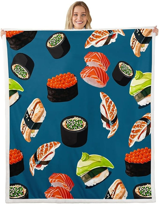 Sushi Pattern Plush Blanket Japanese Style Fleece Throw Blanket for Sofa Couch Bed Food Theme Sherpa Blanket Room Decor Cute Cartoon Japanese Sushi Fuzzy Blanket Twin 60x80 Inch