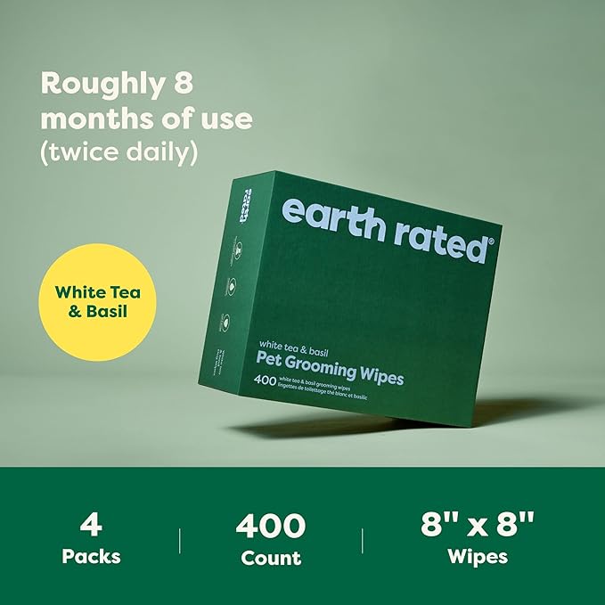 Earth Rated 3-in-1 Pet Grooming Wipes, Cleaning, Deodorizing & Hydrating for Paws, Body, and Butt, Perfect for Dogs & Cats, White Tea and Basil Scent, 400 Count