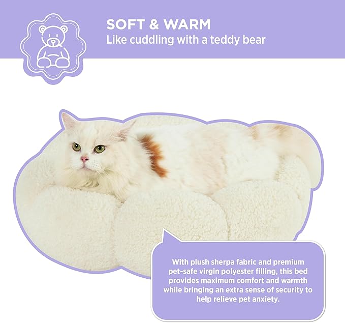Lesure Calming Cat Beds for Indoor Cats - Cute Flower Pet Beds in Teddy Sherpa Plush, Donut Round Fluffy Puppy Bed, Non-Slip Extra Small Dog Bed Fits up to 15 lbs, Machine Washable, Cream 20"