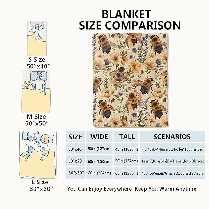 Bumblebee and Floral Blanket Bee and Wildflower Yellow Throw Blankets Gifts for Girls Boys Adults Lightweight Soft Fleece Cozy for Sofa Couch Bed Room Travel Birthday Decor 50x60in