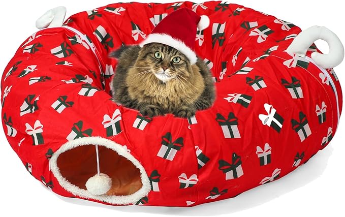 LUCKITTY Cat Tunnel Bed Under Christmas Tree 3FT x 3FT x 9.8IN - Decorative Christmas Style with Box Patterns - Red Color Perfect for Festive Felines Small Animals