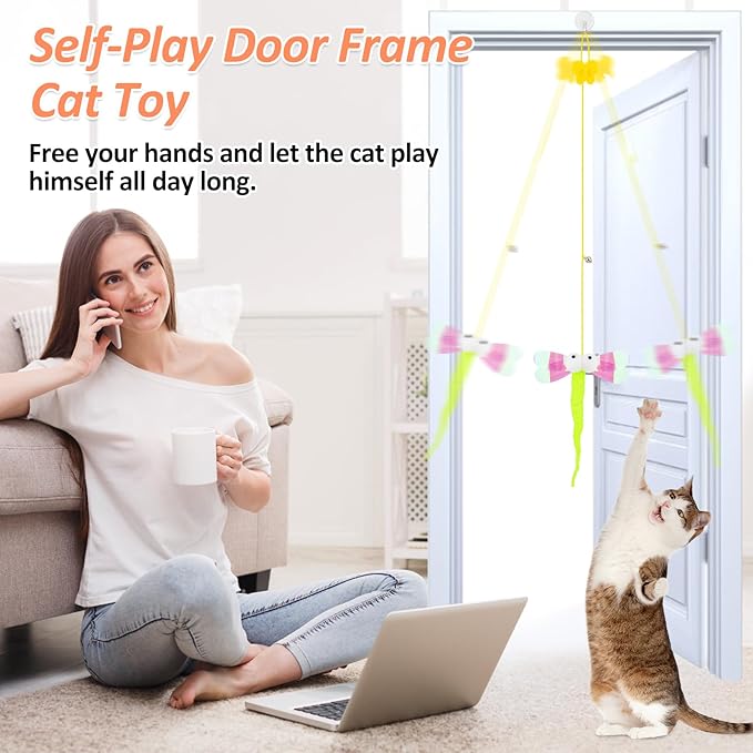 8PC Interactive Cat Toy Cat Feather Toy, Hanging Cat Toy Cat Door Toy Retractable Cat Teaser Hunting Toy, Door Hanging Kitten Mouse Toy Door Frame Hanger for Indoor Cat Mental Physical Play