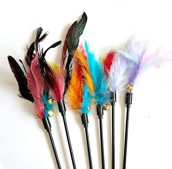 IUHKBH Cat Wands, 6 PCS Interactive Cat Feather Toys Cat Teaser with Bell - 18'' Long Feather Wand for Cat and Kitten