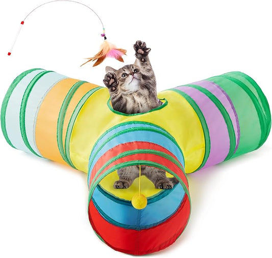 Love's cabin Cat Tunnel Tube Cat Toys 3 Way Collapsible, Cat Tunnels for Indoor Cats，Kitten Tunnel Bored Cat Play Tunnel with Peek Hole Toy Ball for Cat, Kitty, Kitten, Rabbit, Puppy Rainbow