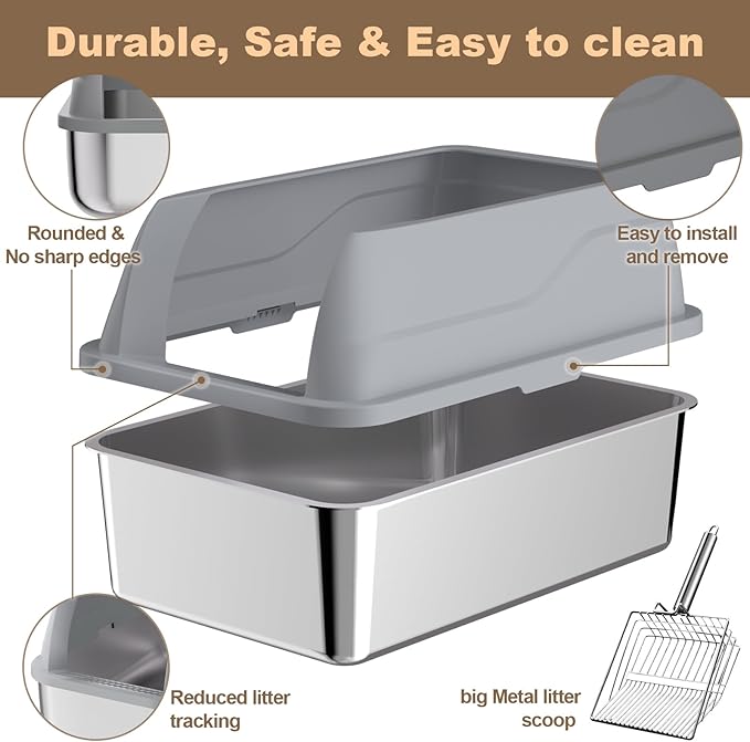 2 Pack Stainless Steel Cat Litter Box, Extra Large Steel Litter Boxes for Big Cats, XL Metal Cat Litter Box with Lid,Anti-Urine Leakage, Non-Sticky, Include Cat Mat and Litter Scoop