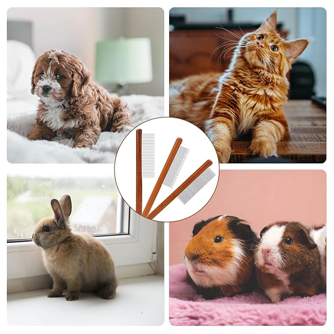 3pcs Grooming Comb for Pets, Solid Wooden Cat Combs with Wide & Narrow Rounded-Tip Teeth Pet Hair Comb Metal Flea Lice Tick Comb for Cats Dogs Rabbits Tangled Hair (3 Sizes）