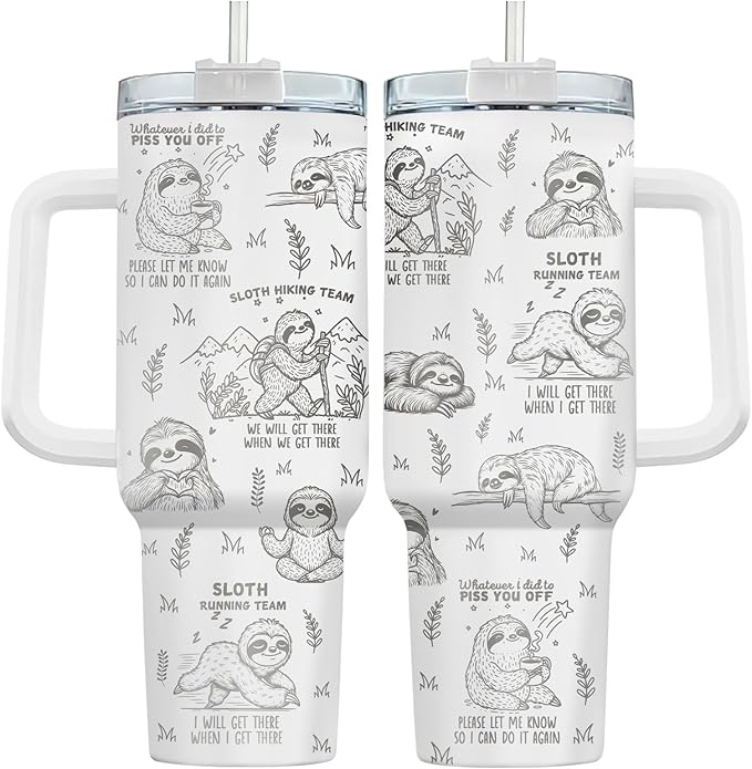 34HD Laser Engraved Sloth Tumbler with Handle and Straw, 40oz Stainless Steel Insulated Travel Coffee Mug, Sloth Gifts for Women, Sloths Lover Gifts