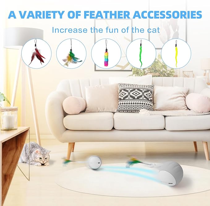 Cat Toys, Turbo Tail Popper Cat Toy 2-Speed Interactive Turbo Tail Mouse Cat Ball Toy Touch Control and Sound Control Smart Start Cat Toy With LED Lights Feathers and USB Type-C Charging Cable