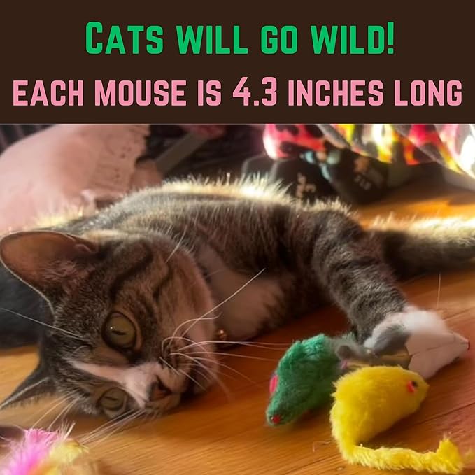 Smokey's Stash Faux Fur Cat Mice Toy 12 Per Pack Multi Color Realistic Small Mouse with Rattle and Catnip Safe for Adult Cats and Kittens 5.5 inches Long